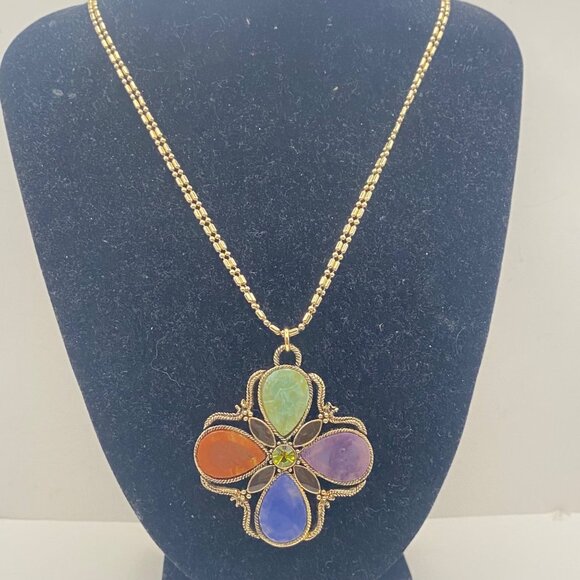 Monet Maltese Cross Pendant Necklace Multicolor Stones Gold Tone Chain 16+2" - Picture 9 of 10